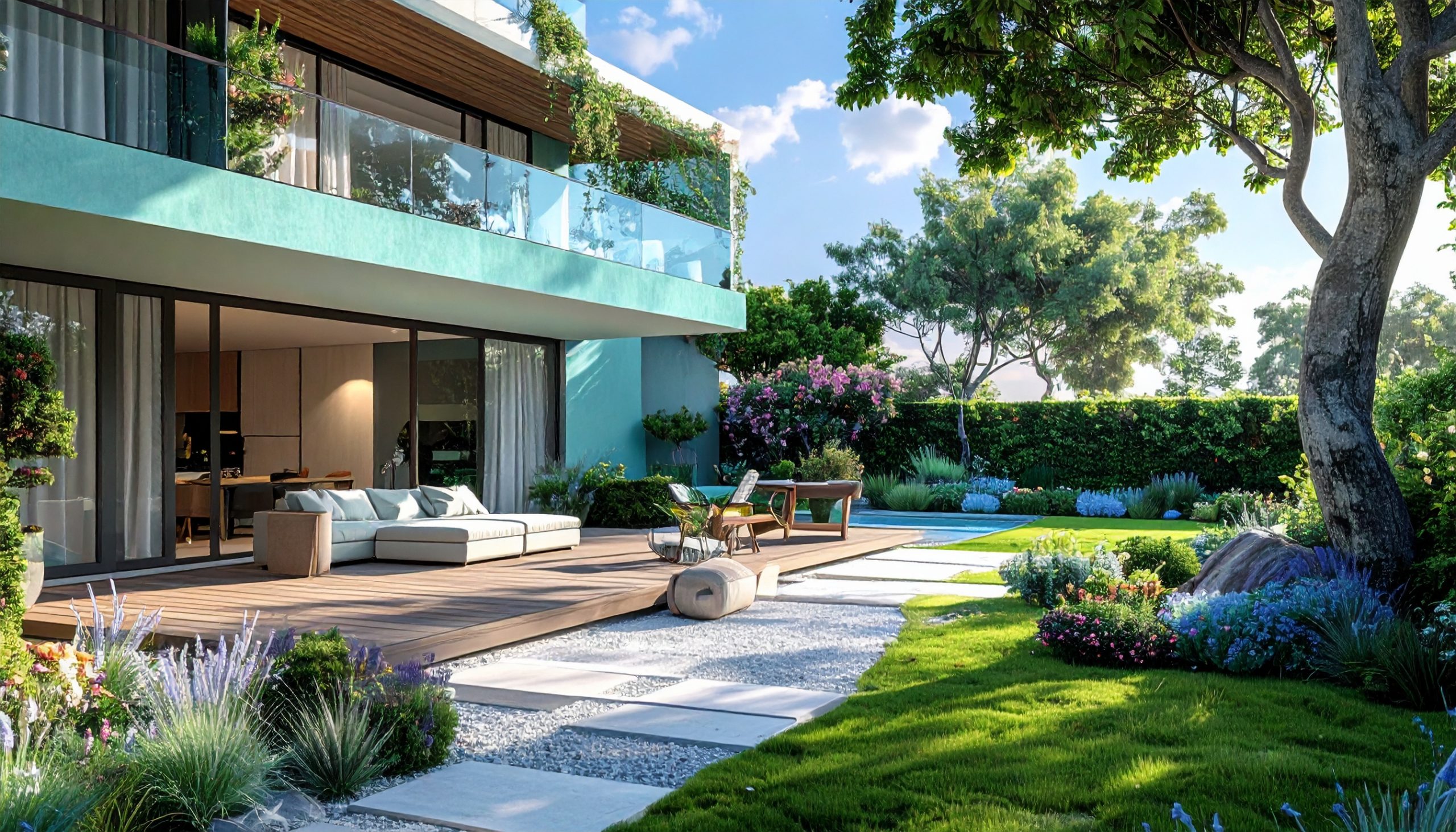 Terraza con fachada color Satin Lagoon